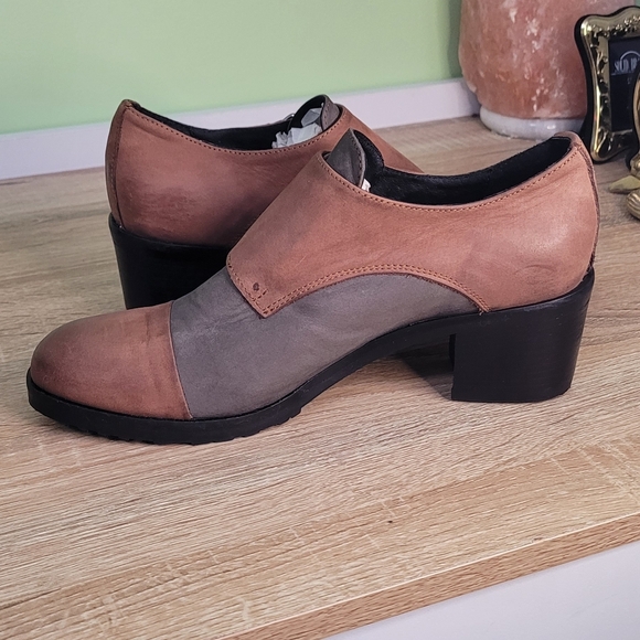 Women's Tan and Gray Leather Buckle Shoes Chunky Heel Grandpacore 39 - Picture 7 of 13